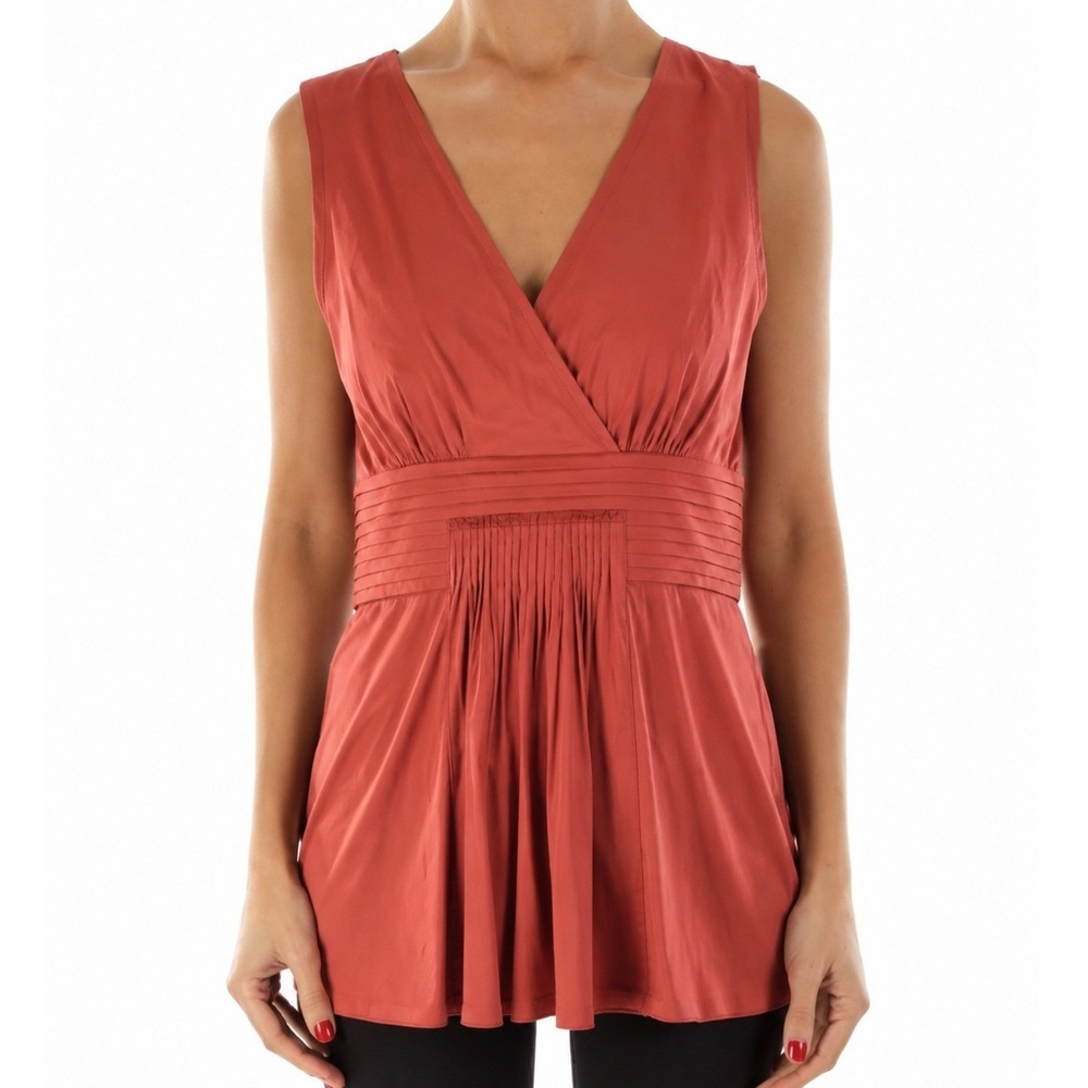 BCBGMAXAZRIA Pleated Peplum Sleeveless Top Cotton Orange VNeck Women Medium Y2K